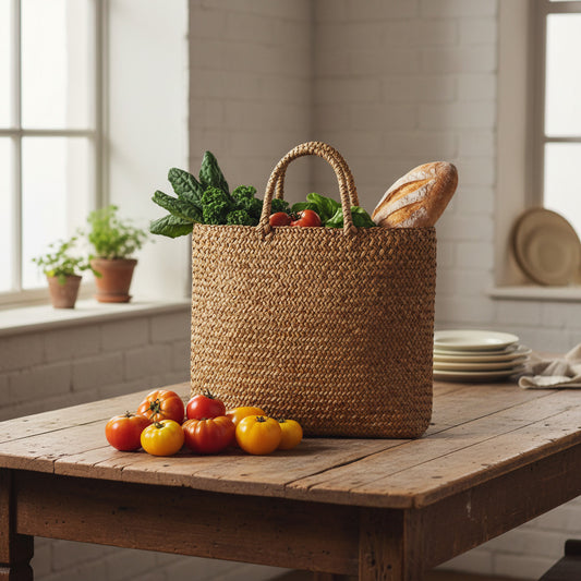 Woven brown bag with handles on a light gray background
