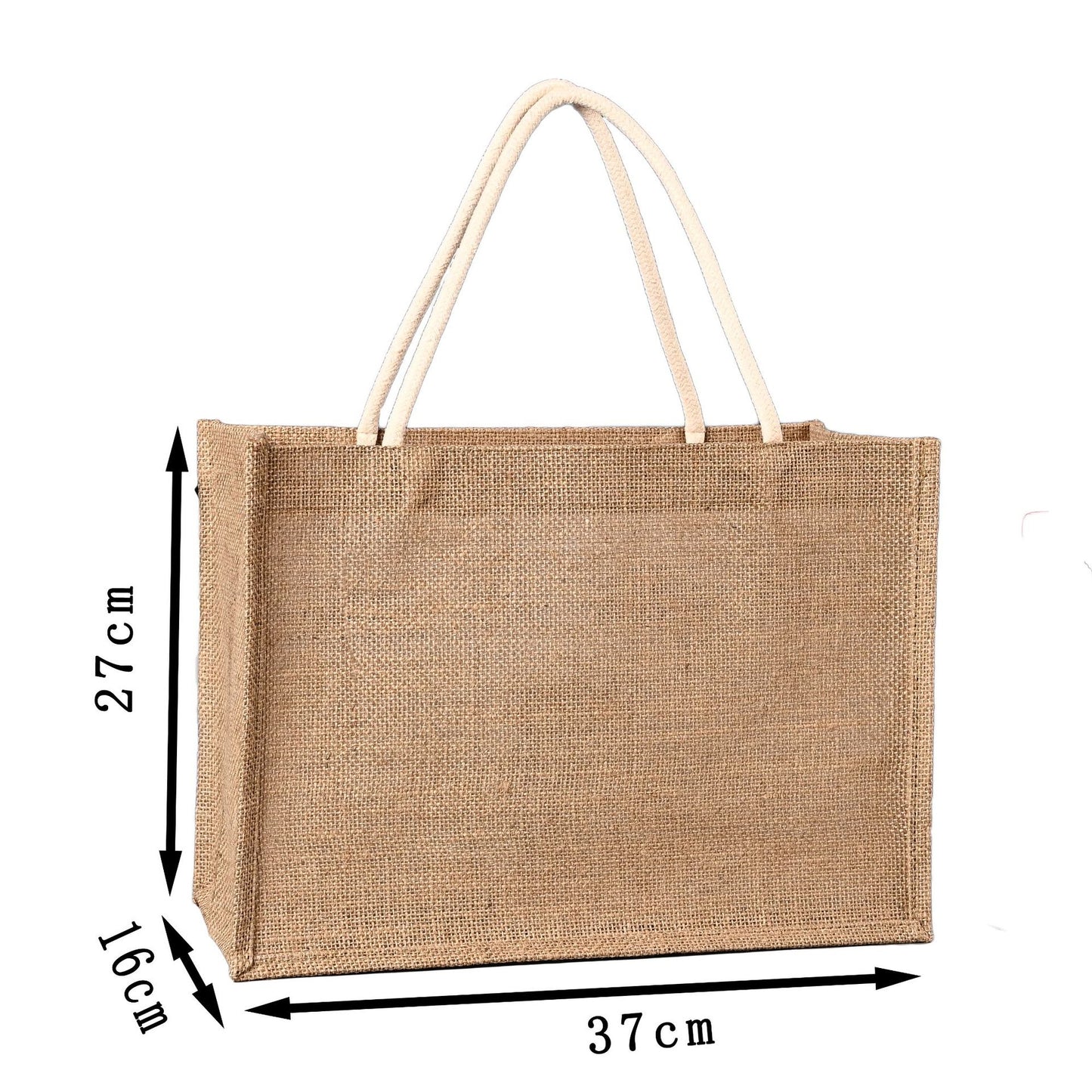 Jute bag with dimensions indicated on a white background