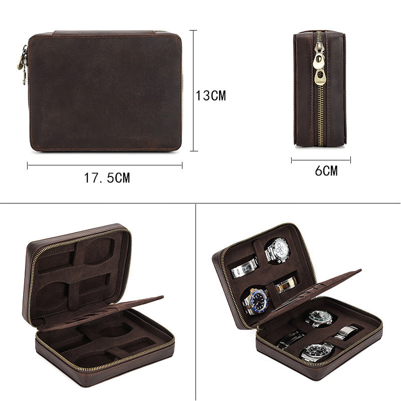 Brown leather watch case with dimensions and open view showing watches inside.