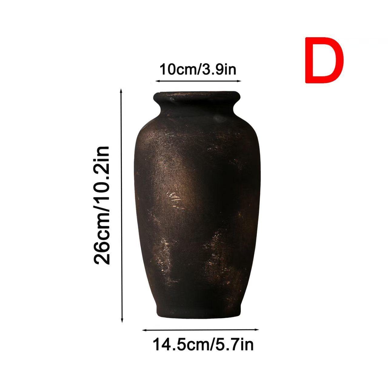 Bronze vase with dimensions indicated on a white background