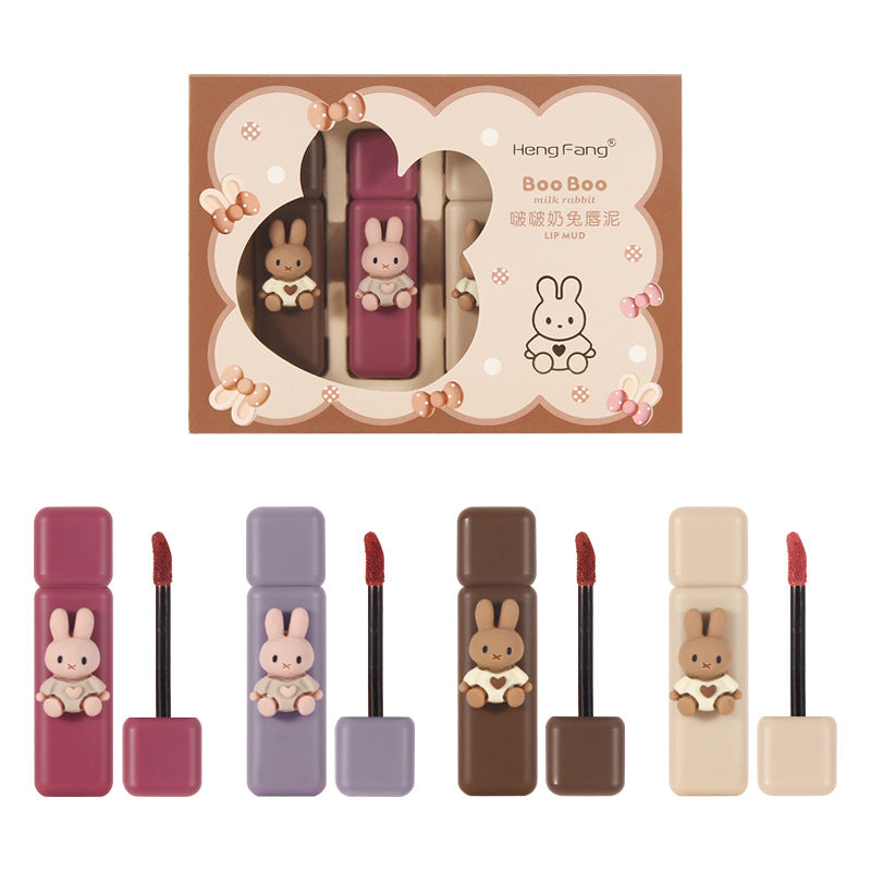 Boo Boo Milk Rabbit Lip Mud – 4‑Piece Velvet Matte Mist Set