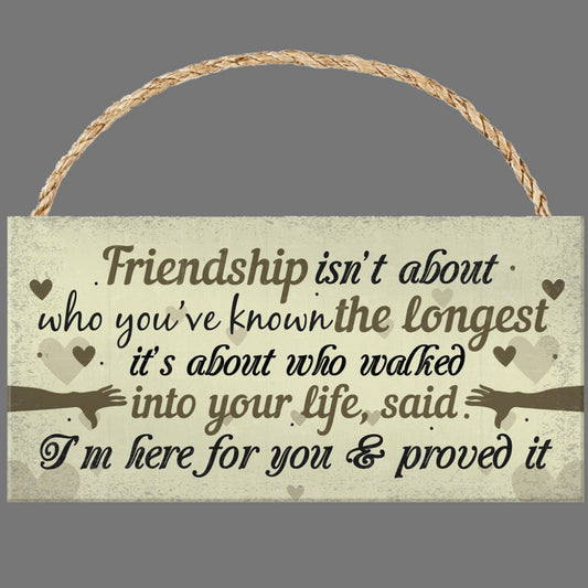 Wooden sign with a friendship quote on a gray background