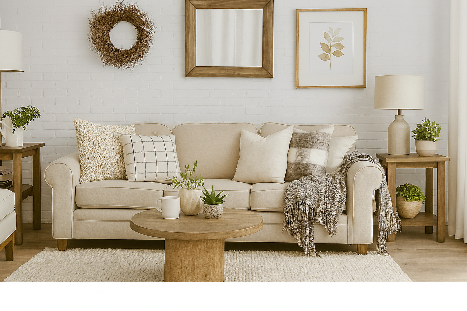 Cozy living room with beige sofa, wooden coffee table, and decorative elements.