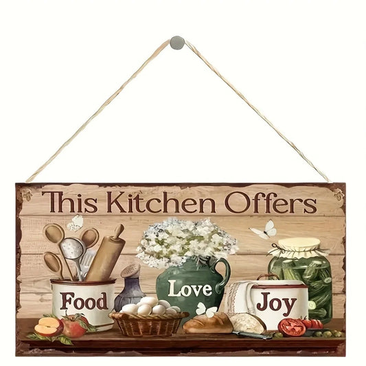 Decorative sign with rustic design featuring kitchen items and text on a wooden background.