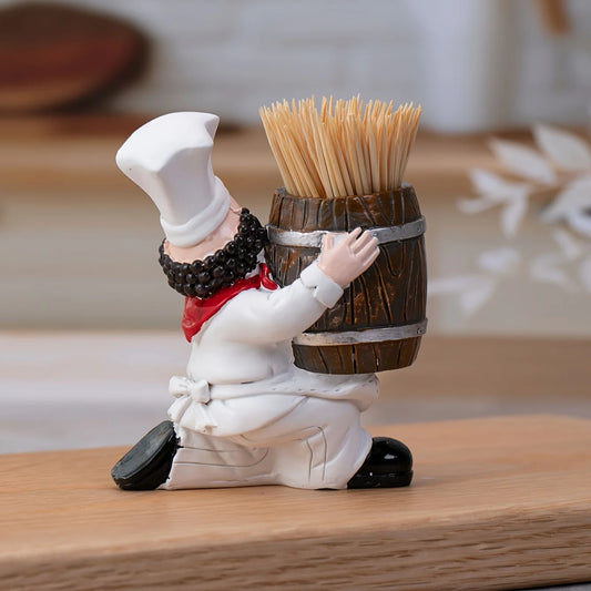 Chef-Themed Toothpick Holder with Wooden Bucket – Charming Resin Kitchen Décor