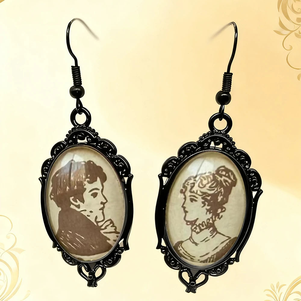 Vintage Portrait Man & Woman Oval Glass Earrings – Floral Dangle Charm