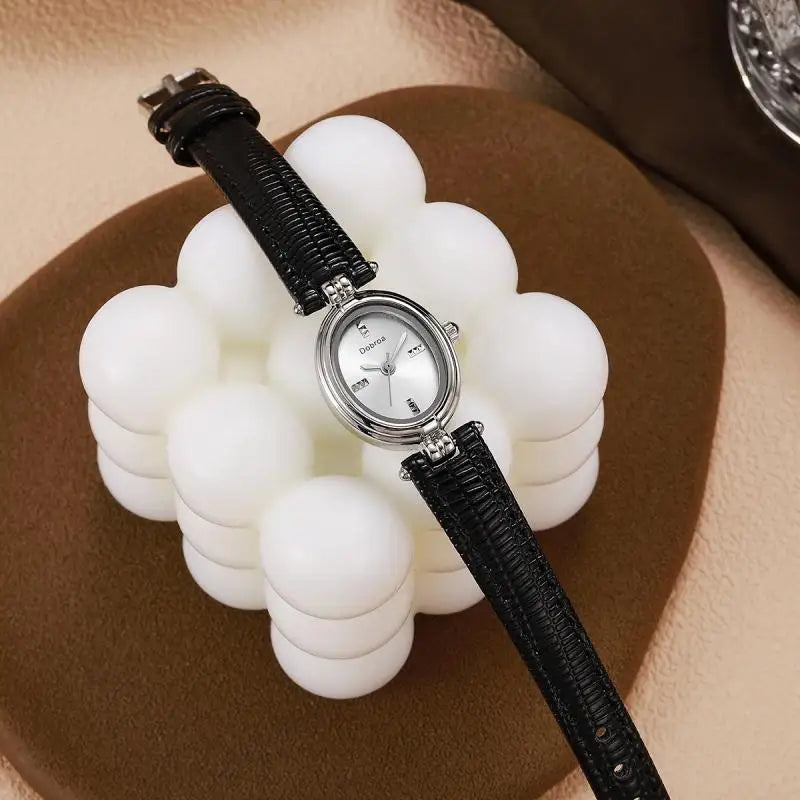 Vintage Women's Small Round Watch – Artistic Oval Dial with Leather Band