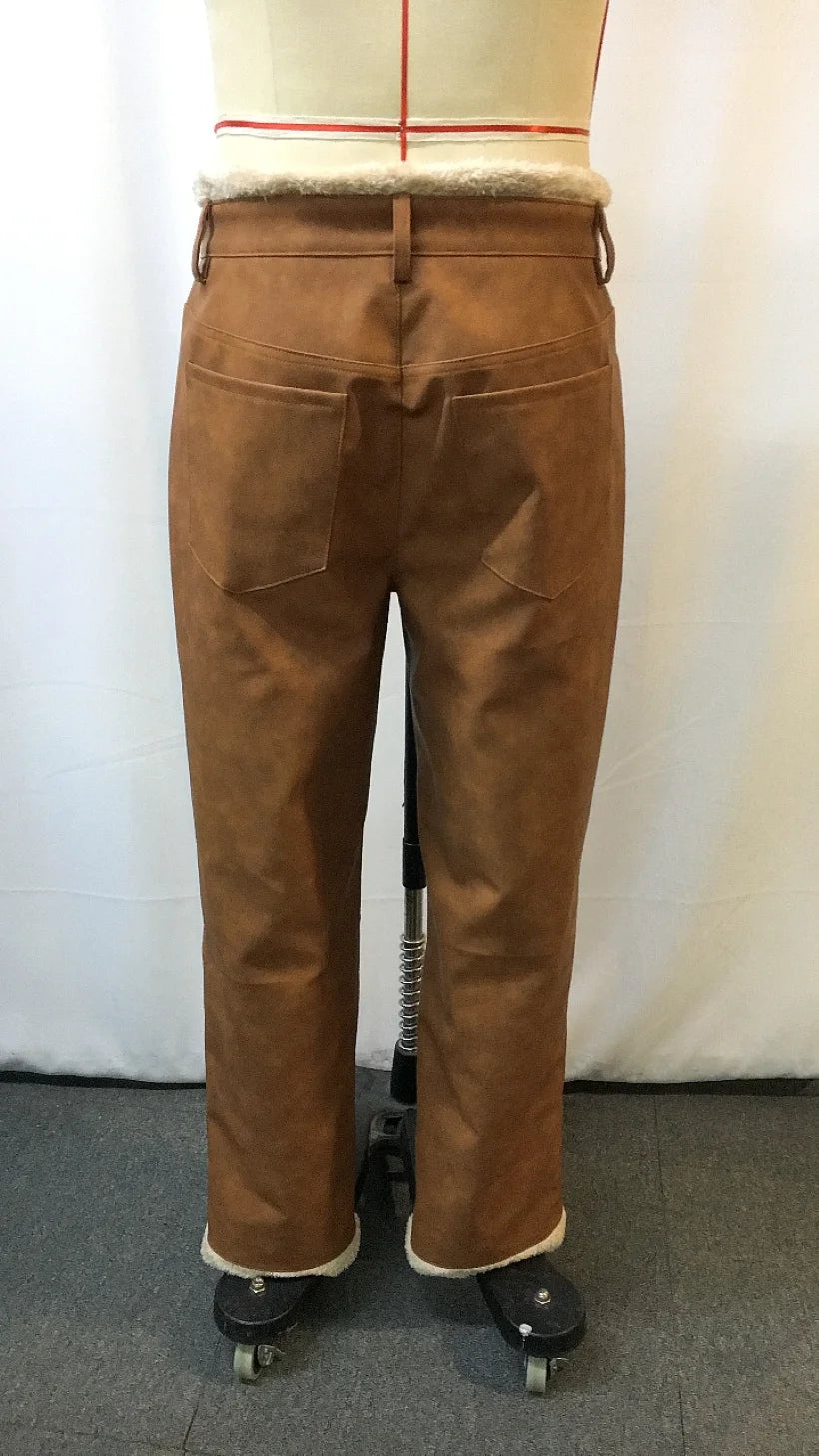 Brown pants with white lining on a mannequin against a white background