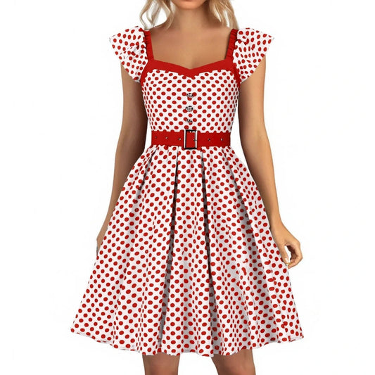 Vintage Polka Dot Swing Dress – V-Neck Patchwork A-Line Party Dress