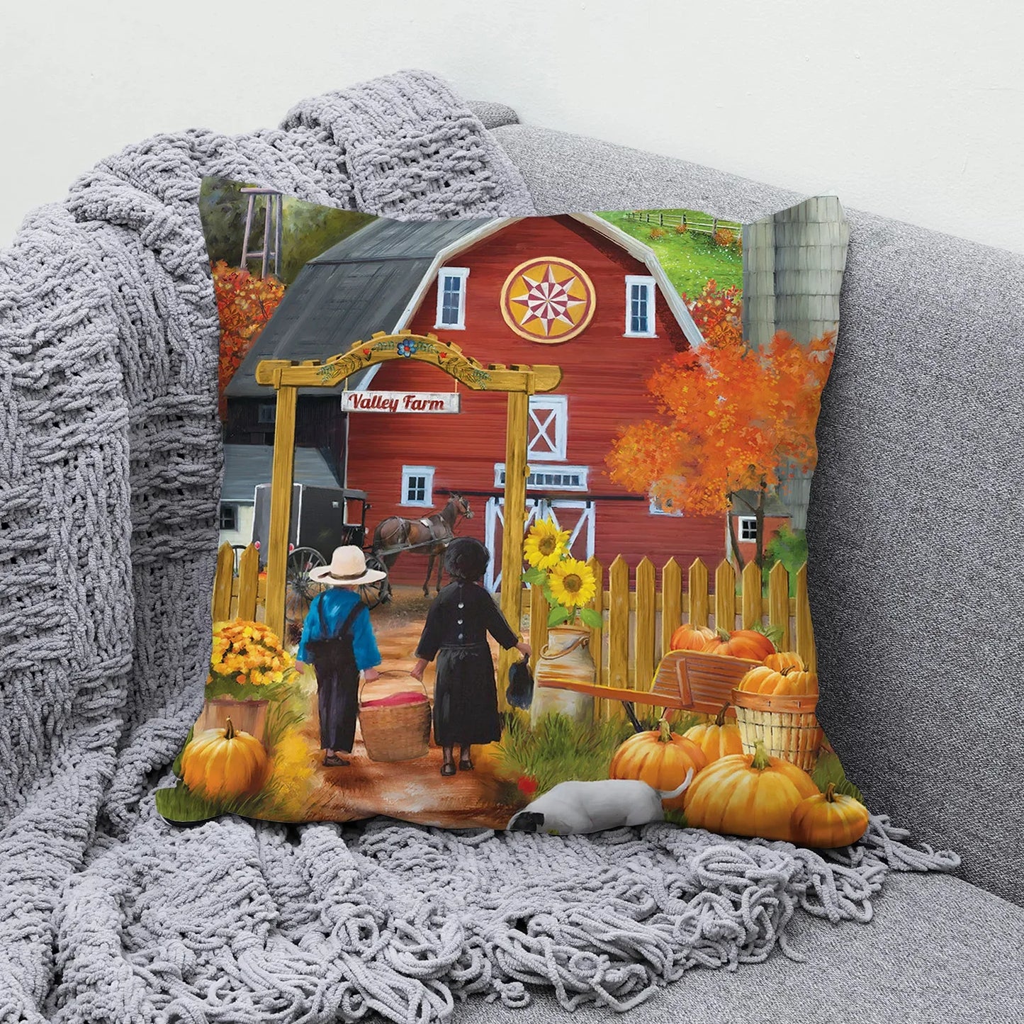 Farmhouse Autumn Harvest Oil Painting Cushion Case – Ultra Soft Plush Scenic Pillow Cover