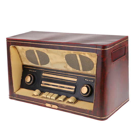 Vintage-style radio with wooden casing and gold accents on a white background