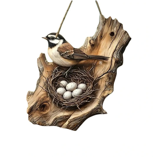 Decorative piece with a bird and nest on a wooden base
