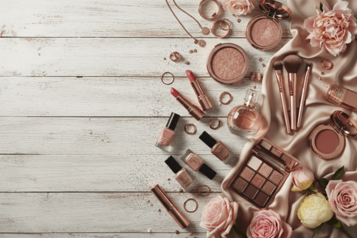 Makeup products including lipsticks, eyeshadows, and brushes on a wooden surface with flowers.