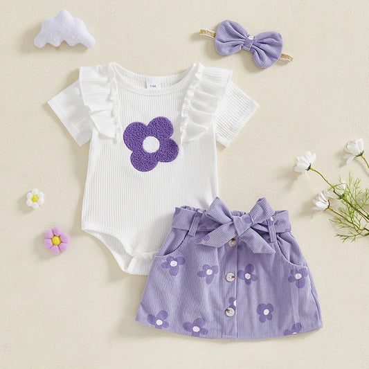 Adorable Baby Girl Floral Print Romper with Matching Skirt and Headband Set for Summer Outings and Photoshoots - Nanna's Unique Findings