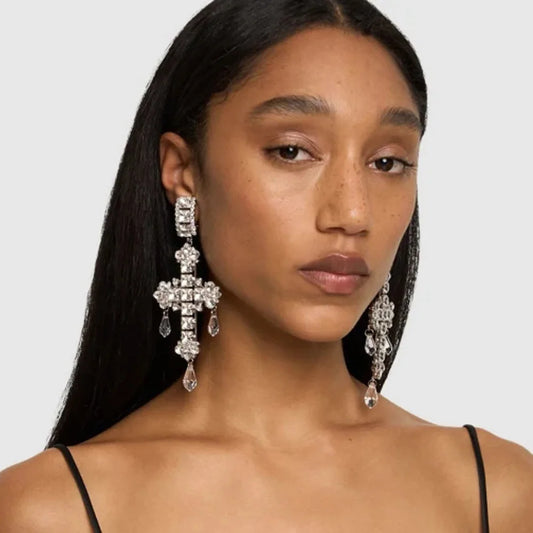 Stonefans Fashion Water Drop Pendant Cross Earrings Jewelry for Women Exaggerated Rhinestone Crystal Dangle Earrings Accessories - Nanna's Unique Findings