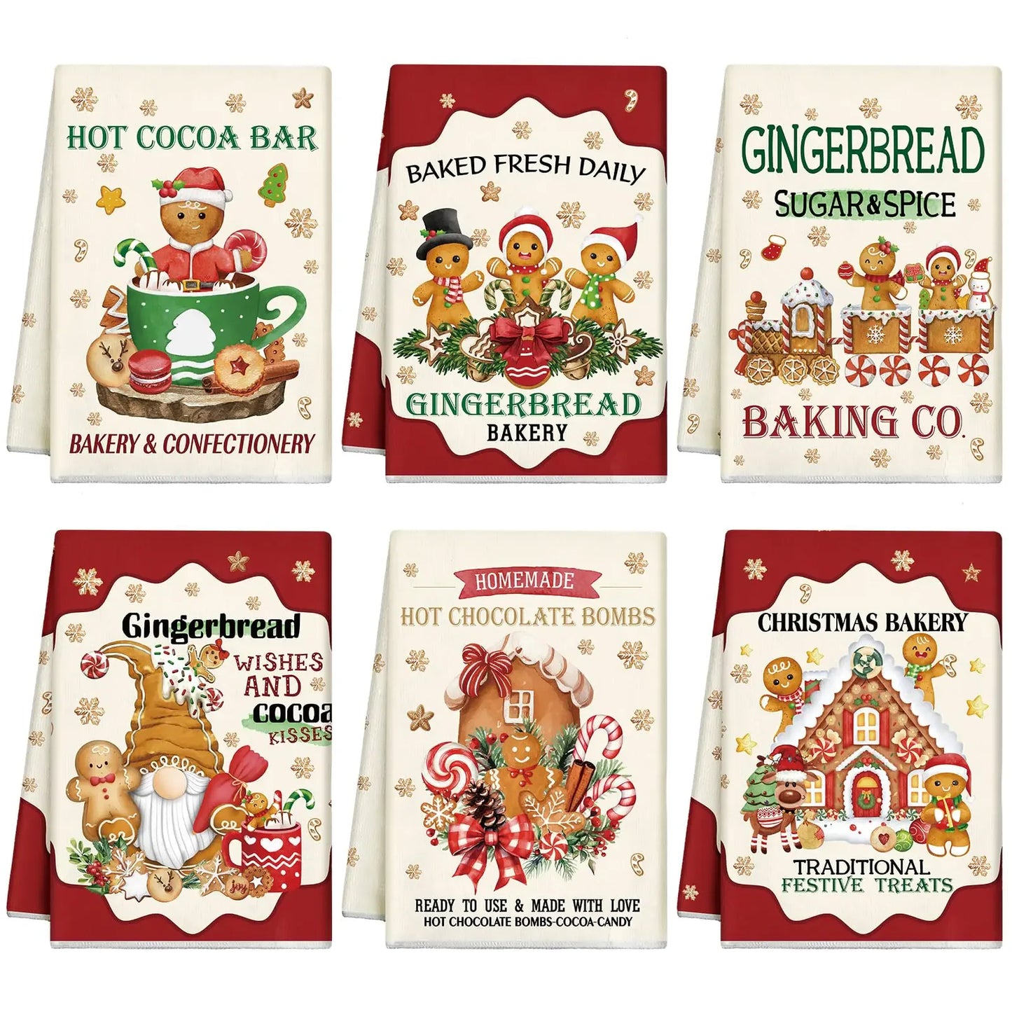 Hosuly 6‑Piece Christmas Kitchen Towels — Gingerbread, Hot Cocoa Gnome & Festive Candy Designs - Nanna's Unique Findings