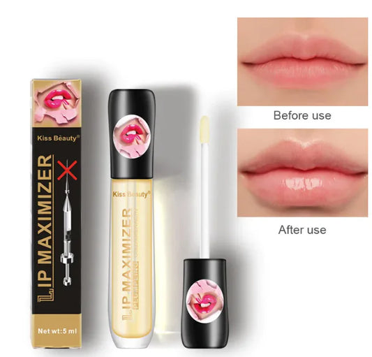 Lip maximizer product with packaging and before/after usage comparison on a white background