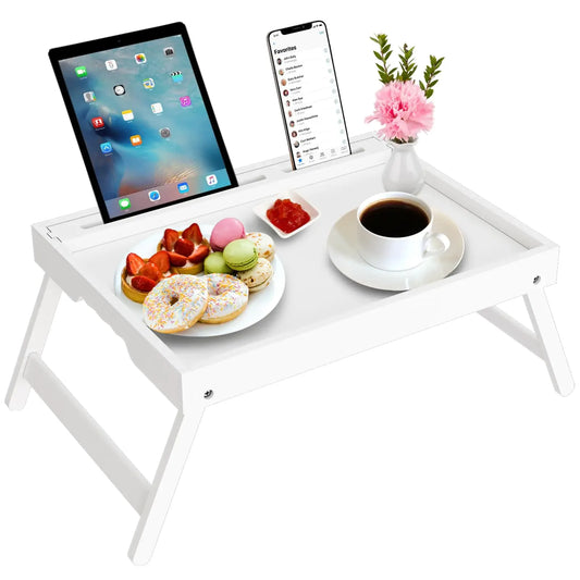 Bed Tray Table with Handles Folding Legs Bamboo Breakfast Food Tray with Media Slot for PlattersLaptop DeskSnackTV Tray Kitchen Serving Tray - Nanna's Unique Findings