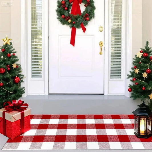 Hand-Woven Indoor or Outdoor Rugs Cotton Buffalo Plaid Rug Red & White Checkered Rugs 23.6"X51" - Nanna's Unique Findings