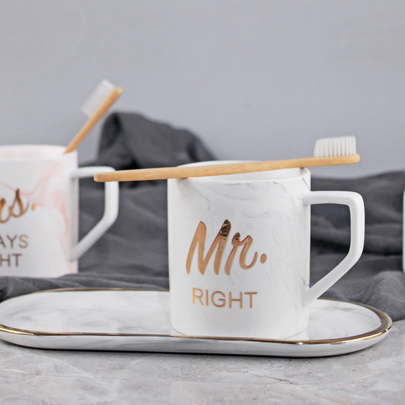 White mug with 'Mr. Right' text on a gray surface