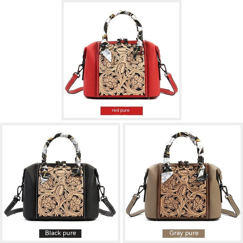 Red, black, and gray handbags with intricate gold patterns on a white background