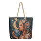 Tote bag with a design of a woman holding a moon and a crystal ball on a white background