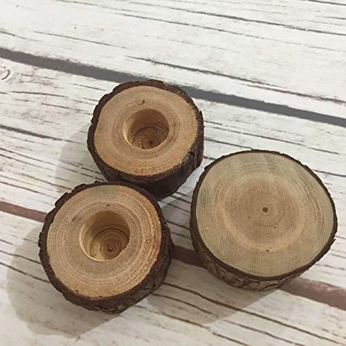 Three wooden log slices on a light wooden surface
