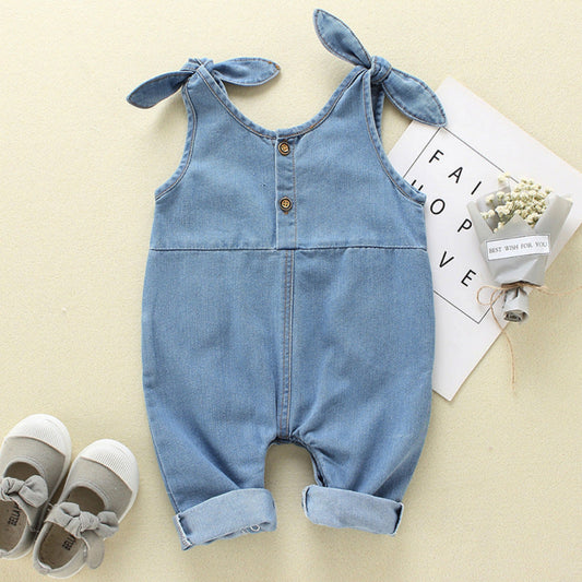 Baby wearing denim overalls vintage farmhouse style kids clothing
