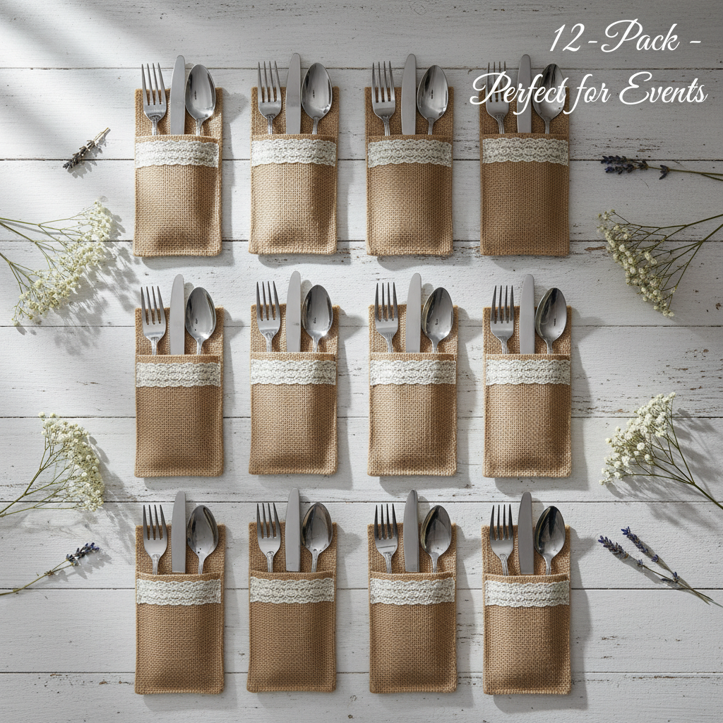 Rustic Burlap Cutlery Bags with Lace - Farmhouse Silverware Holders