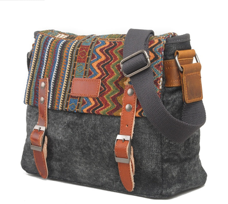 Vintage Canvas Messenger Bag - Ethnic Geometric Pattern