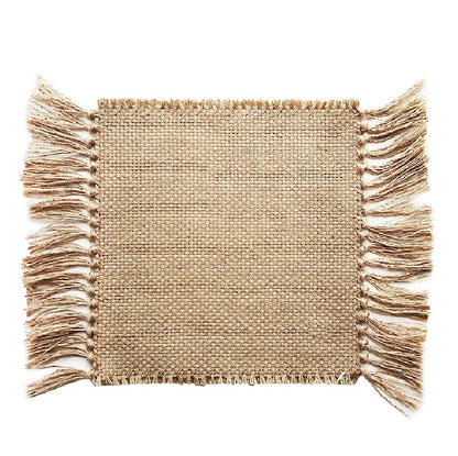 Beige woven placemat with fringe edges on a white background