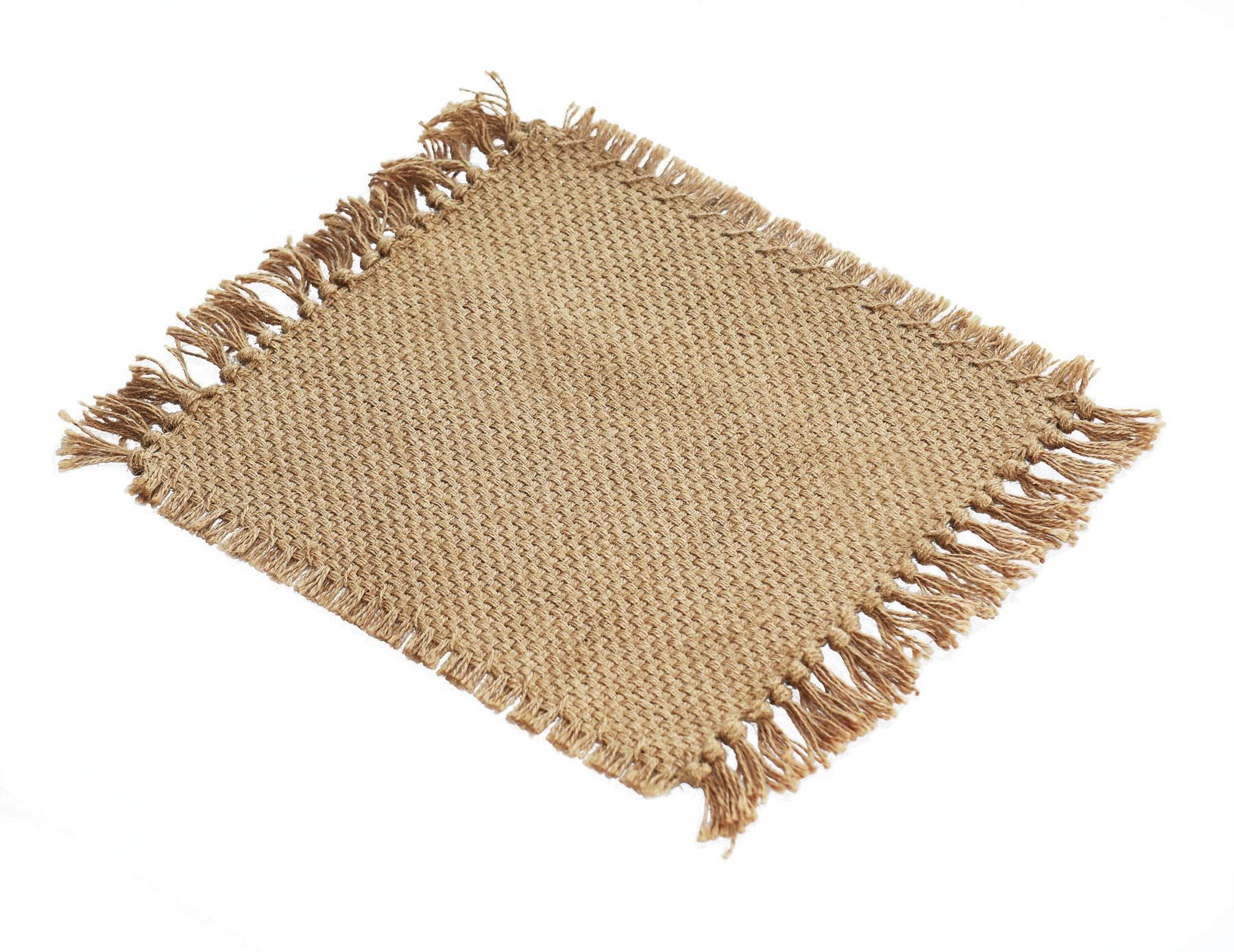 Beige woven placemat with fringes on a white background