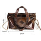 Brown leather patchwork bag with measurements on a white background
