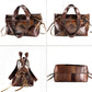 Four different views of a brown patchwork handbag on a white background