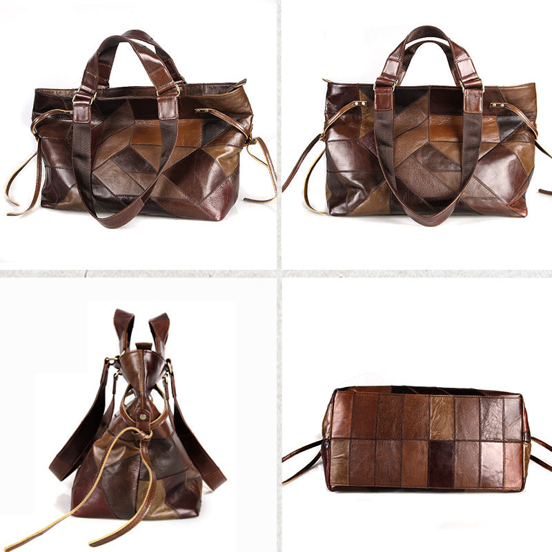 Four different views of a brown patchwork handbag on a white background