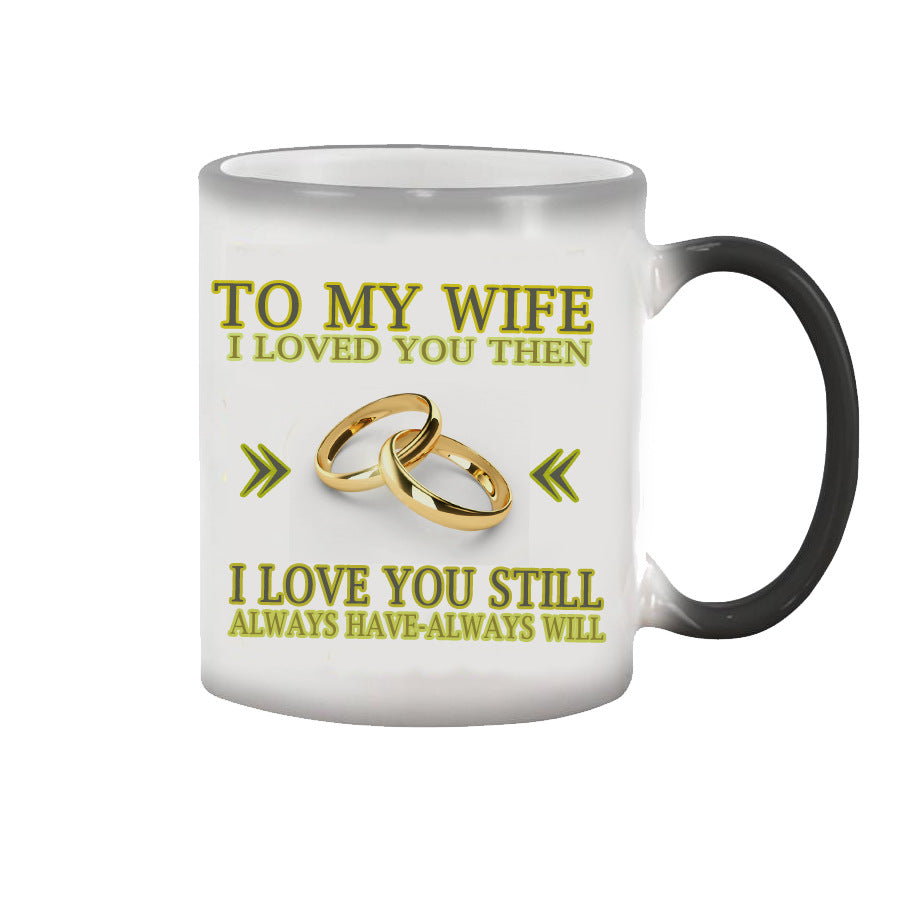 Mug with romantic message and wedding rings design on a white background