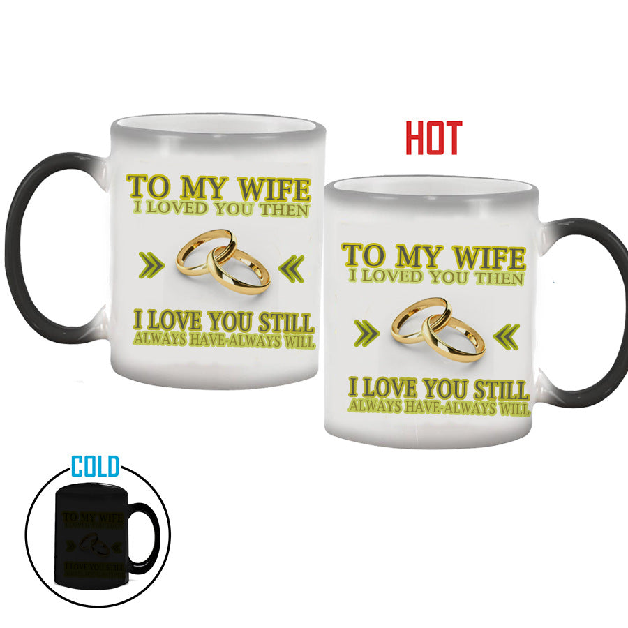 Two mugs with romantic text and ring graphics, showing different temperatures.