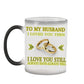 Mug with romantic message and wedding rings design on a white background