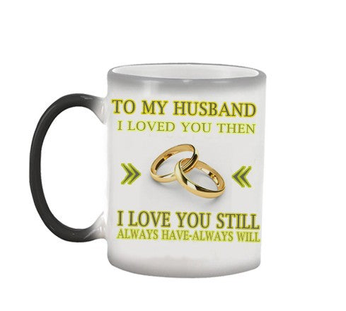 Mug with romantic message and wedding rings design on a white background