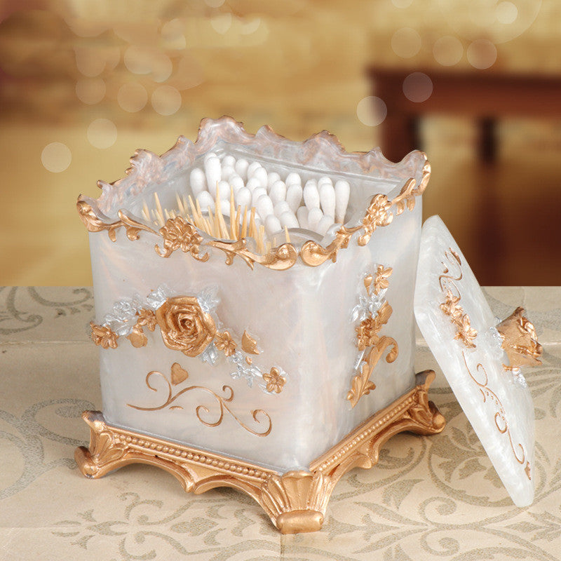 European Pearlescent Resin Swab & Toothpick Box – Carved Floral Accent Holder