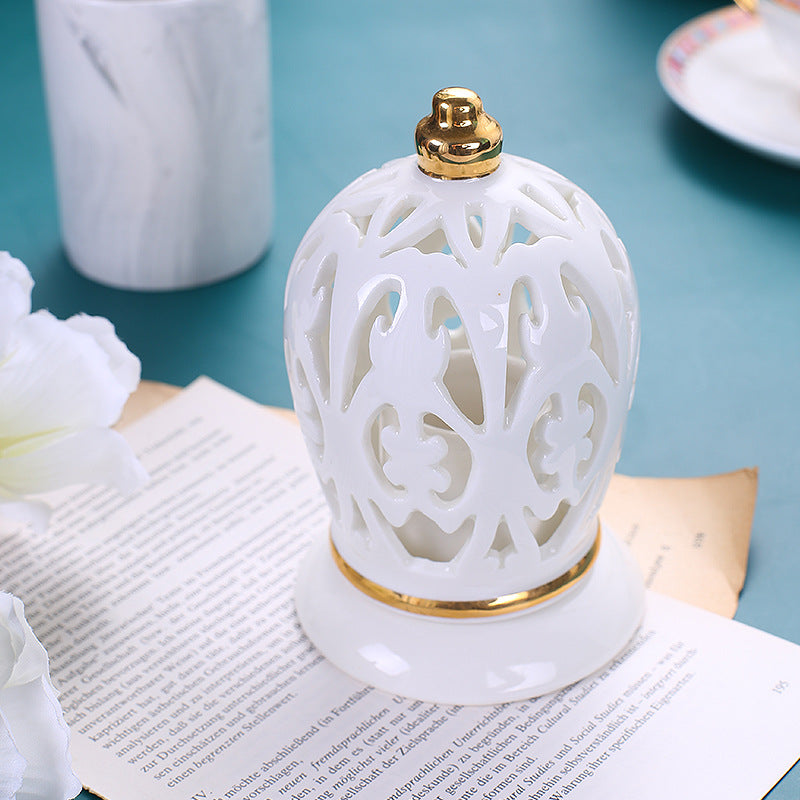 White Ceramic Toothpick Box – Gilt Hollow Vintage Design