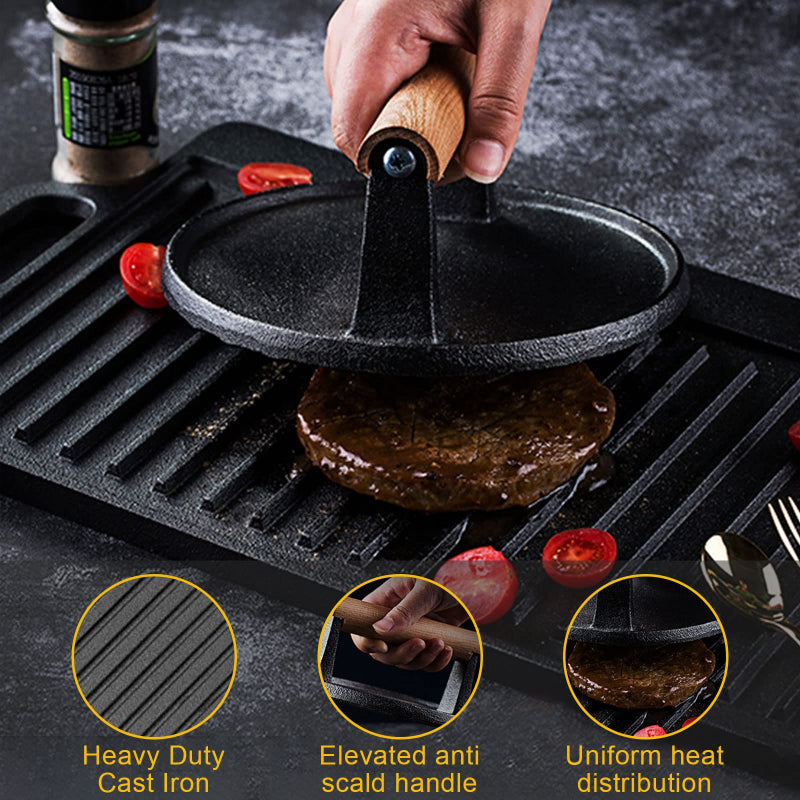 Cast Iron Grill Press – Food‑Grade Steak & Sandwich Weight with Wood Handle (Round or Square)