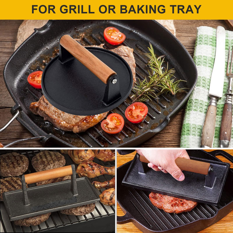 Cast Iron Grill Press – Food‑Grade Steak & Sandwich Weight with Wood Handle (Round or Square)