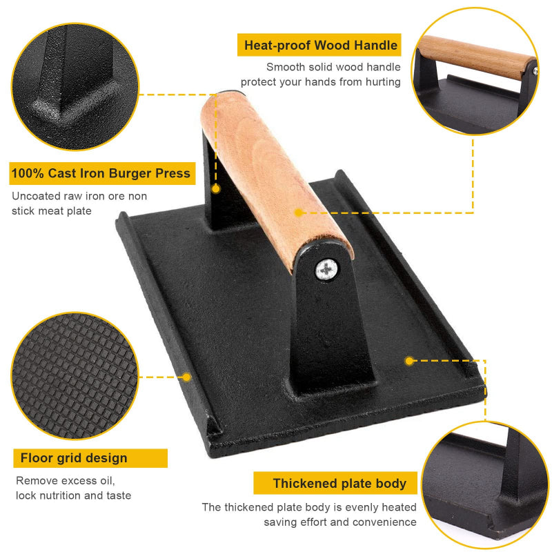 Cast Iron Grill Press – Food‑Grade Steak & Sandwich Weight with Wood Handle (Round or Square)