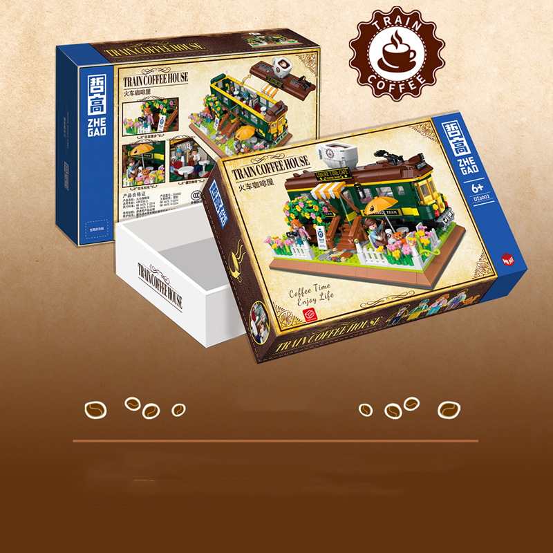 Train Coffee House toy set packaging on a brown background