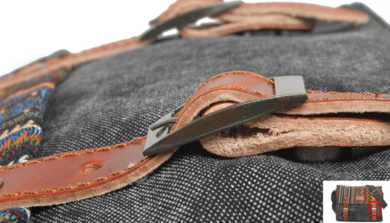 Close-up of a bag with leather strap and decorative elements on a white background