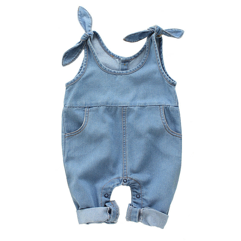 Baby overalls denim fabric detail showing soft comfortable fit
