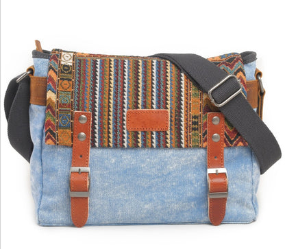 Vintage Canvas Messenger Bag - Ethnic Geometric Pattern