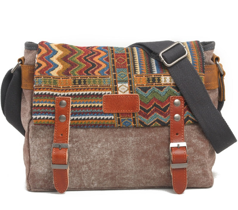 Vintage Canvas Messenger Bag - Ethnic Geometric Pattern