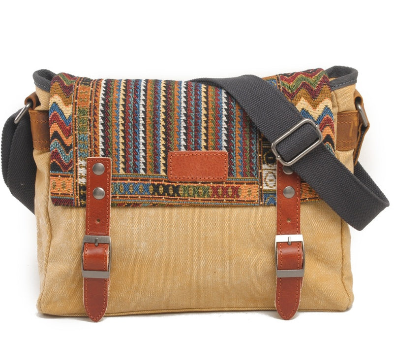 Vintage Canvas Messenger Bag - Ethnic Geometric Pattern